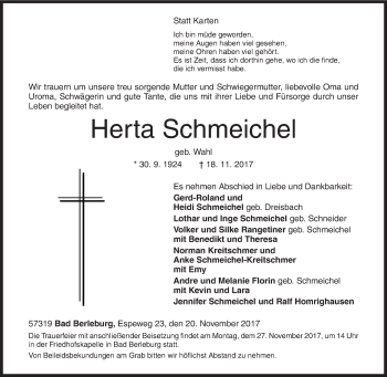 Traueranzeige von Herta Schmeichel von Siegener Zeitung