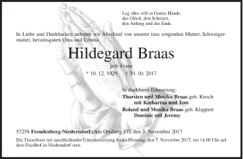 Traueranzeige von Hildegard Braas von Siegener Zeitung