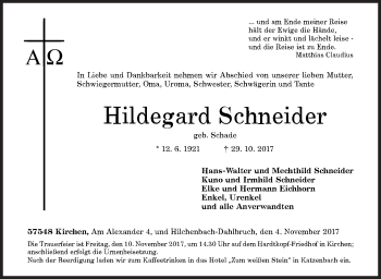 Traueranzeige von Hildegard Schneider von Siegener Zeitung
