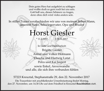 Traueranzeige von Horst Giesler von Siegener Zeitung