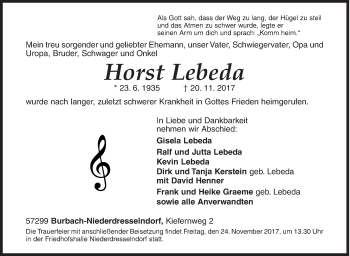 Traueranzeige von Horst Lebeda von Siegener Zeitung