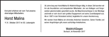 Traueranzeige von Horst Malina von Siegener Zeitung