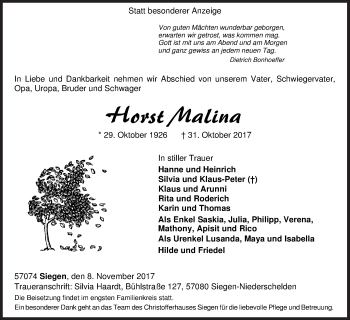 Traueranzeige von Horst Malina von Siegener Zeitung