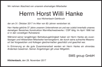 Traueranzeige von Horst Willi Hanke von Siegener Zeitung