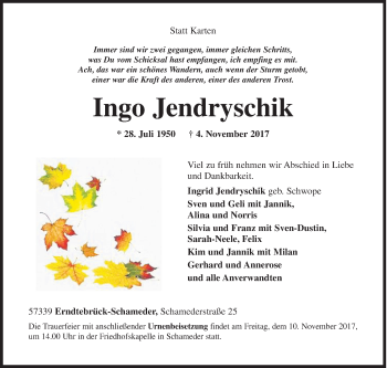 Traueranzeige von Ingo Jendryschik von Siegener Zeitung