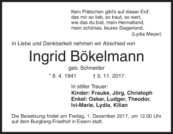 Traueranzeige von Ingrid Bökelmann von Siegener Zeitung