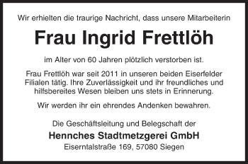 Traueranzeige von Ingrid Frettlöh von Siegener Zeitung