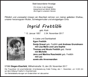 Traueranzeige von Ingrid Frettlöh von Siegener Zeitung