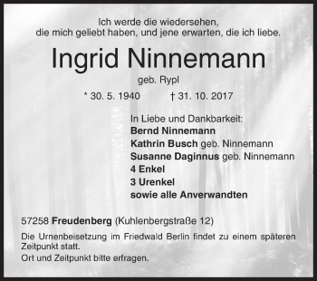 Traueranzeige von Ingrid Ninnemann von Siegener Zeitung