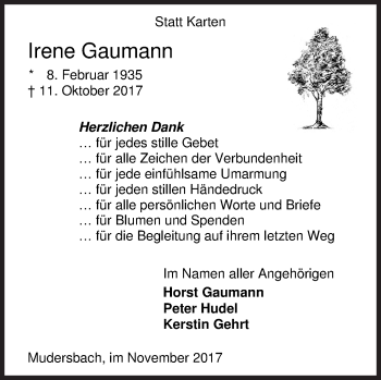 Traueranzeige von Irene Gaumann von Siegener Zeitung