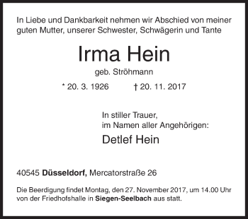 Traueranzeige von Irma Hein von Siegener Zeitung