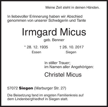 Traueranzeige von Irmgard Micus von Siegener Zeitung