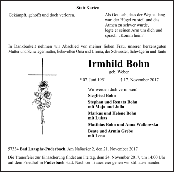 Traueranzeige von Irmhild Bohn von Siegener Zeitung