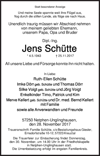 Traueranzeige von Jens Schütte von Siegener Zeitung