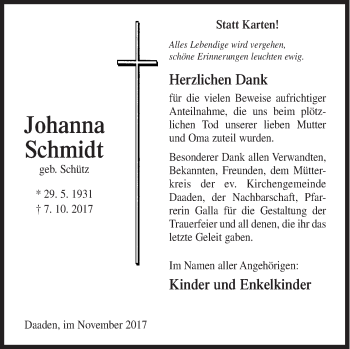 Traueranzeige von Johanna Schmidt von Siegener Zeitung