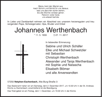 Traueranzeige von Johannes Werthenbach von Siegener Zeitung