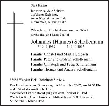 Traueranzeige von Johannes Hannes Schollemann von Siegener Zeitung