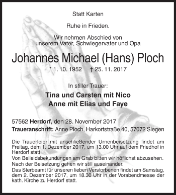 Traueranzeige von Johannes Michael Hans Ploch von Siegener Zeitung