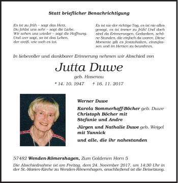 Traueranzeige von Jutta Duwe von Siegener Zeitung