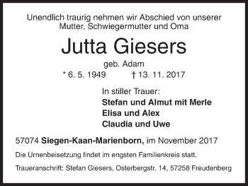Traueranzeige von Jutta Giesers von Siegener Zeitung