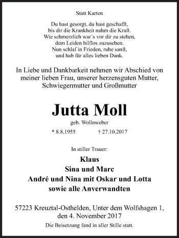 Traueranzeige von Jutta Moll von Siegener Zeitung