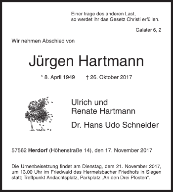 Traueranzeige von Jürgen Hartmann von Siegener Zeitung