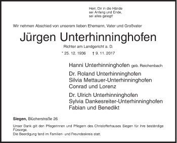 Traueranzeige von Jürgen Unterhinninghofen von Siegener Zeitung