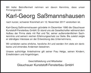 Traueranzeige von Karl-Georg Saßmannshausen von Siegener Zeitung