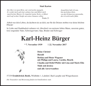 Traueranzeige von Karl-Heinz Bürger von Siegener Zeitung