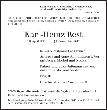 Traueranzeige von Karl-Heinz Rest von Siegener Zeitung