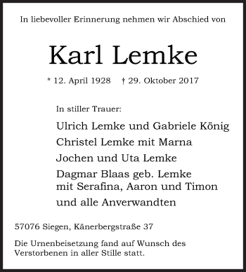 Traueranzeige von Karl Lemke von Siegener Zeitung