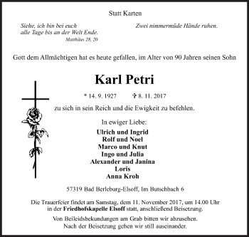 Traueranzeige von Karl Petri von Siegener Zeitung