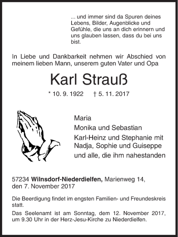 Traueranzeige von Karl Strauß von Siegener Zeitung