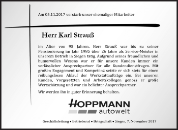 Traueranzeige von Karl Strauß von Siegener Zeitung