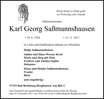 Traueranzeige von Karl Georg Saßmannshausen von Siegener Zeitung