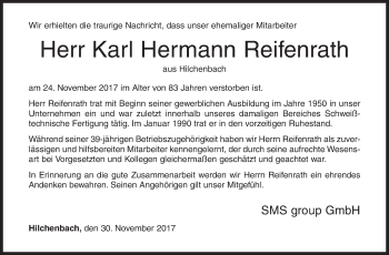 Traueranzeige von Karl Hermann Reifenrath von Siegener Zeitung