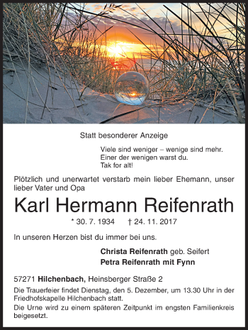 Traueranzeige von Karl Hermann Reifenrath von Siegener Zeitung