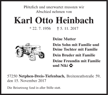 Traueranzeige von Karl Otto Heinbach von Siegener Zeitung