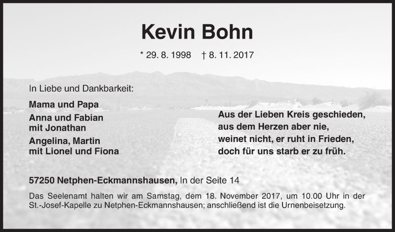  Traueranzeige für Kevin Bohn vom 14.11.2017 aus Siegener Zeitung