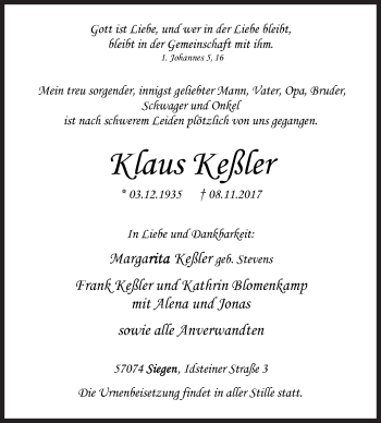 Traueranzeige von Klaus Keßler von Siegener Zeitung