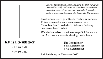 Traueranzeige von Klaus Leiendecker von Siegener Zeitung