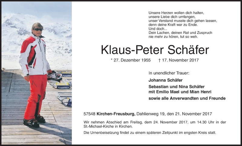  Traueranzeige für Klaus-Peter Schäfer vom 21.11.2017 aus Siegener Zeitung