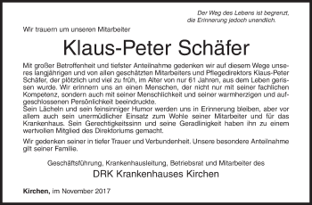 Traueranzeige von Klaus-Peter Schäfer von Siegener Zeitung