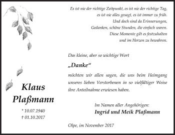 Traueranzeige von Klaus Plaßmann von Siegener Zeitung