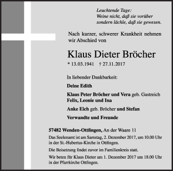 Traueranzeige von Klaus Dieter Bröcher von Siegener Zeitung