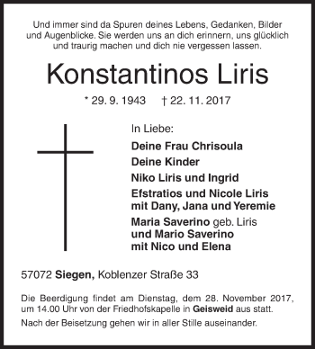 Traueranzeige von Konstantinos Liris von Siegener Zeitung
