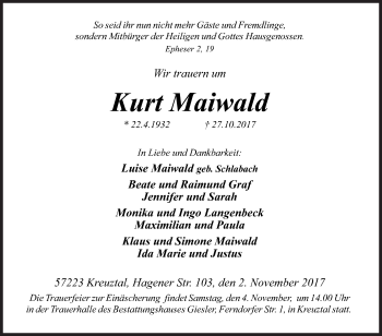 Traueranzeige von Kurt Maiwald von Siegener Zeitung