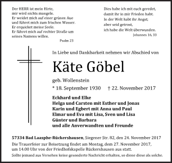 Traueranzeige von Käte Göbel von Siegener Zeitung