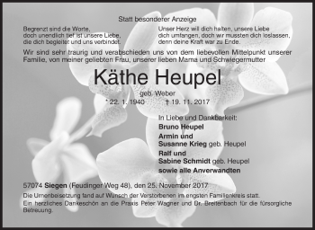 Traueranzeige von Käthe Heupel von Siegener Zeitung