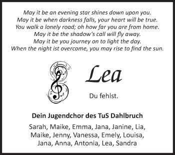 Traueranzeige von Lea  von Siegener Zeitung